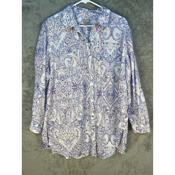 Chico's Button Down Tunic Blouse Large Pastel Purple Paisley Academia Boho Twee - Picture 1 of 6